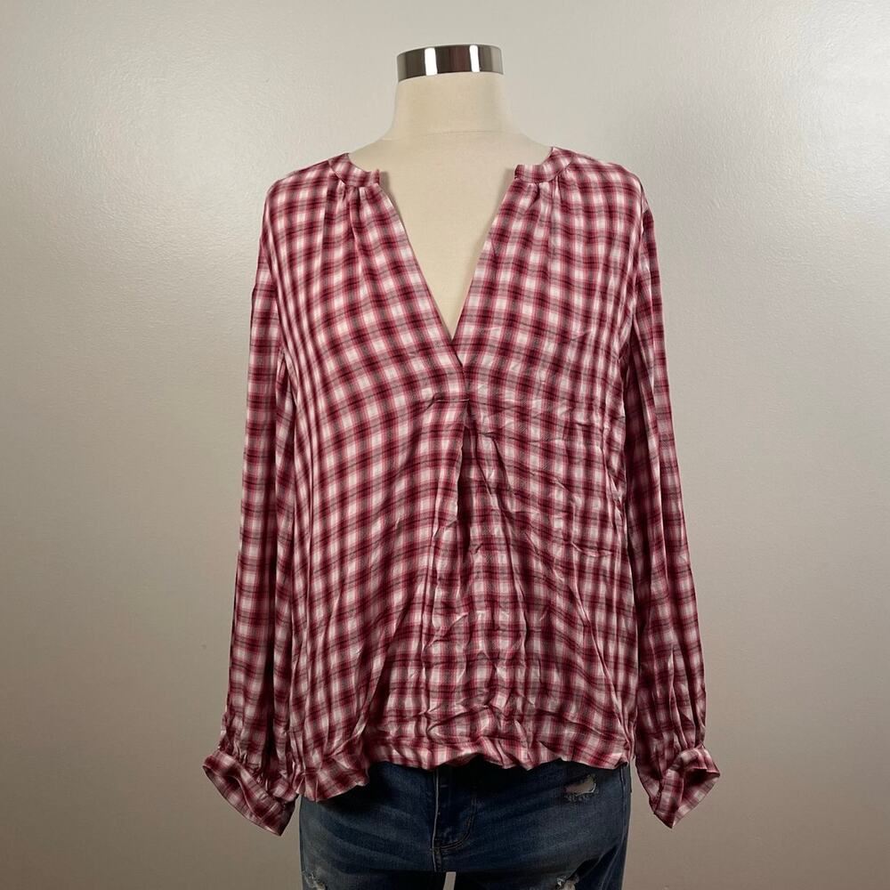 Loft • Plaid Split Neck Blouse